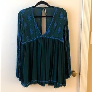 Green with blue embroidery Free People Shirt